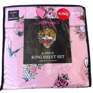 Ed Hardy KING Sheet Set 6-Piece PINK Tattoo Heart Dagger Roses Birds Y2K Grunge
